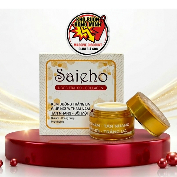 Kem Saieho (Trắng-Vàng) Ngọc Trai Đỏ - Da Căng Mịn Rạng Rỡ Bảo Vệ Khỏi Ánh Nắng