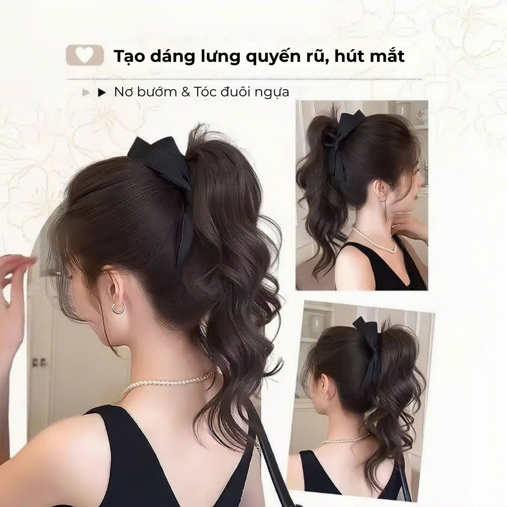 Tóc giả đuôi ngựa kẹp nơ MYA, dài 35cm, tạo phồng đỉnh đầu, dáng xoăn nhẹ tự nhiên, kẹp ngoạm