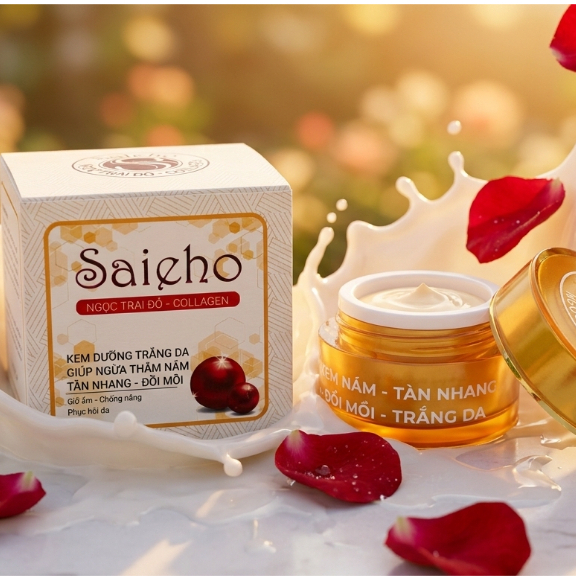 Kem Saieho (Trắng-Vàng) Ngọc Trai Đỏ - Da Căng Mịn Rạng Rỡ Bảo Vệ Khỏi Ánh Nắng