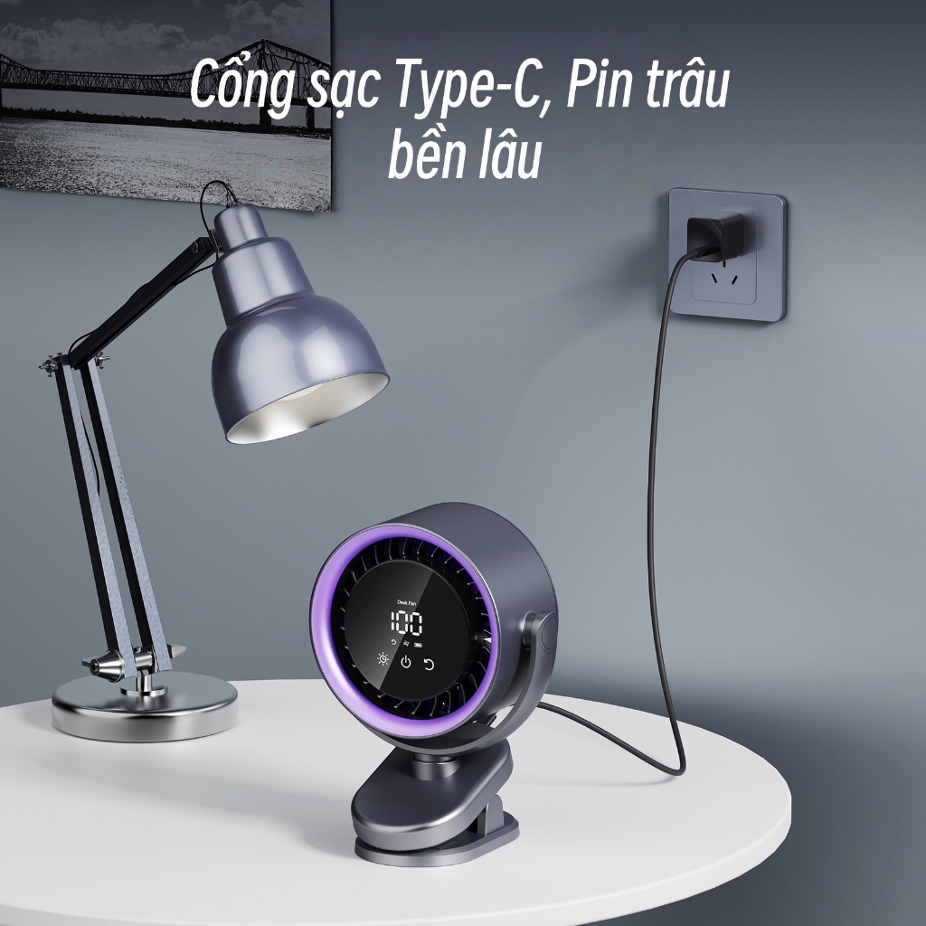 Quạt kẹp bàn - Quạt lưu thông không khí để bàn Pin 6000mAh Thời lượng pin 12 giờ - Bảo hành 12 tháng