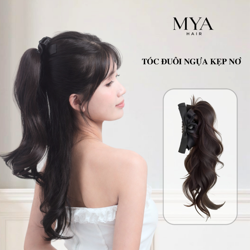 Tóc giả đuôi ngựa kẹp nơ MYA, dài 35cm, tạo phồng đỉnh đầu, dáng xoăn nhẹ tự nhiên, kẹp ngoạm