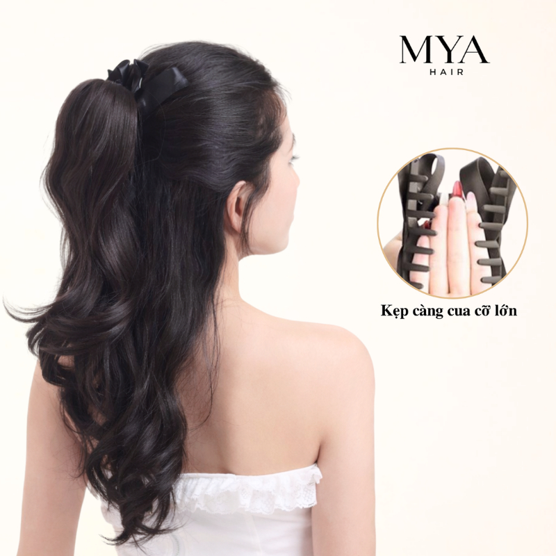 Tóc giả đuôi ngựa kẹp nơ MYA, dài 35cm, tạo phồng đỉnh đầu, dáng xoăn nhẹ tự nhiên, kẹp ngoạm