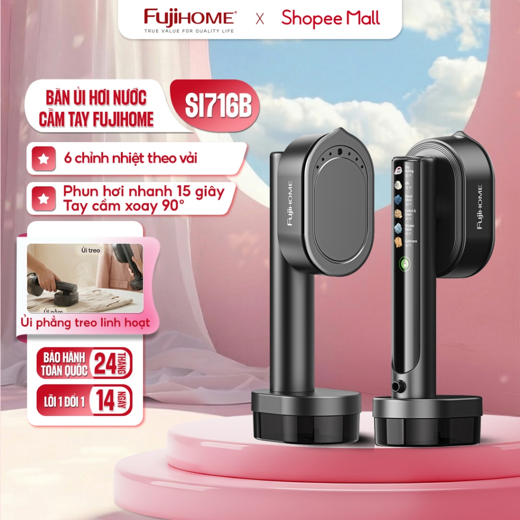 Bàn ủi hơi nước cầm tay Fujihome SI716B gấp gọn 1200W, bàn là hơi 6 mức nhiệt theo vải, mặt đế Ceramic, Bình nước 240ml