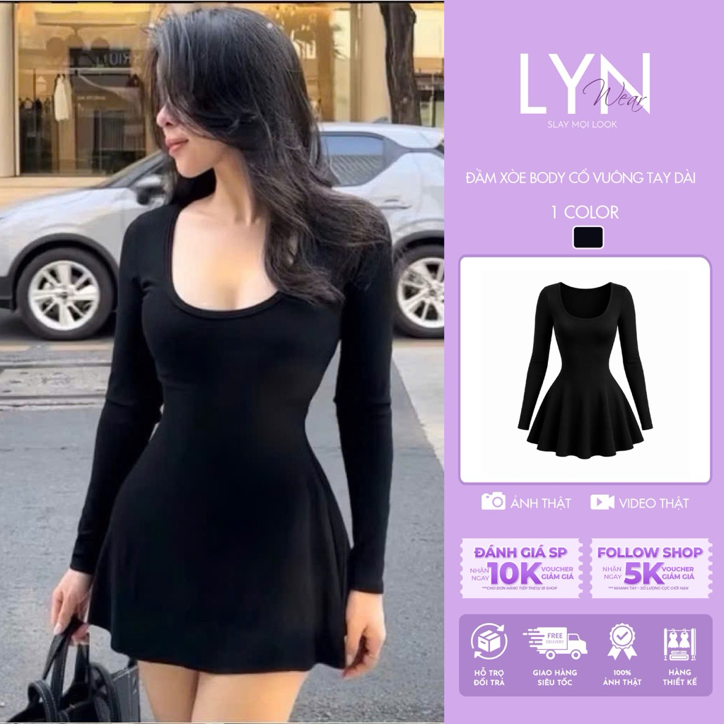 | LYN WEAR | Đầm nữ cổ vuông tay dài dáng xòe body tôn dáng màu đen
