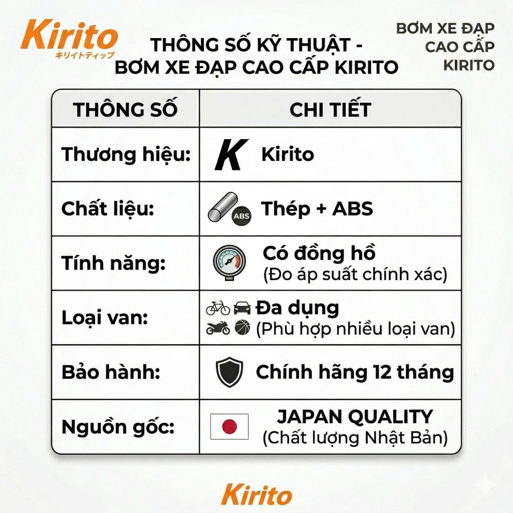 Bơm xe đạp xe máy Kirito có đồng hồ đo áp suất, bơm lốp đa năng kèm nhiều đầu bơm mã 38B-02