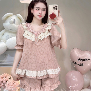 [DEAL HÈ] Bộ Đồ Ngủ Nữ JUSOKA Pijama Mặc Nhà Ngắn Tay Chất Liệu Đũi Vân Mây Viền Ren Siêu Mềm Mịn, Thoải Mái DU27