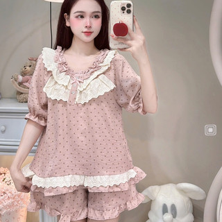 [DEAL HÈ] Bộ Đồ Ngủ Nữ JUSOKA Pijama Mặc Nhà Ngắn Tay Chất Liệu Đũi Vân Mây Viền Ren Siêu Mềm Mịn, Thoải Mái DU27