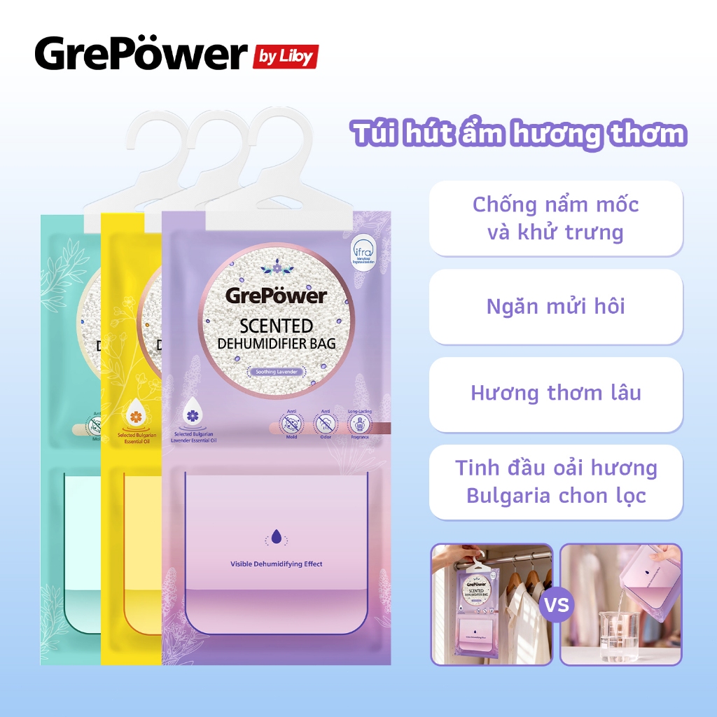 Túi hút ẩm hương thơm GrePower by Liby | Hút ẩm hiệu quả Tạm biệt ẩm mốc Dùng cho tủ quần áo / tủ giày