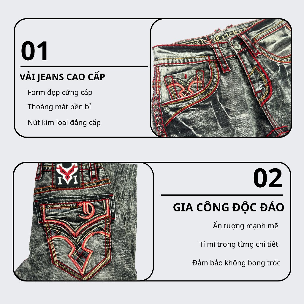 Quần Jeans Xám Rock Dài Nam Thêu Chỉ Đỏ - Vải Jenas Denim Cao Cấp Co Giãn Nhẹ Form Slim Suông D03