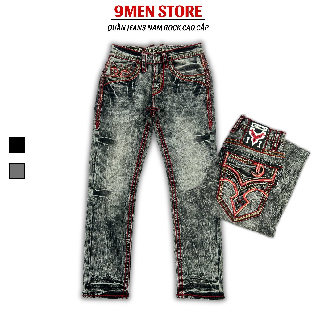 Quần Jeans Xám Rock Dài Nam Thêu Chỉ Đỏ - Vải Jenas Denim Cao Cấp Co Giãn Nhẹ Form Slim Suông D03