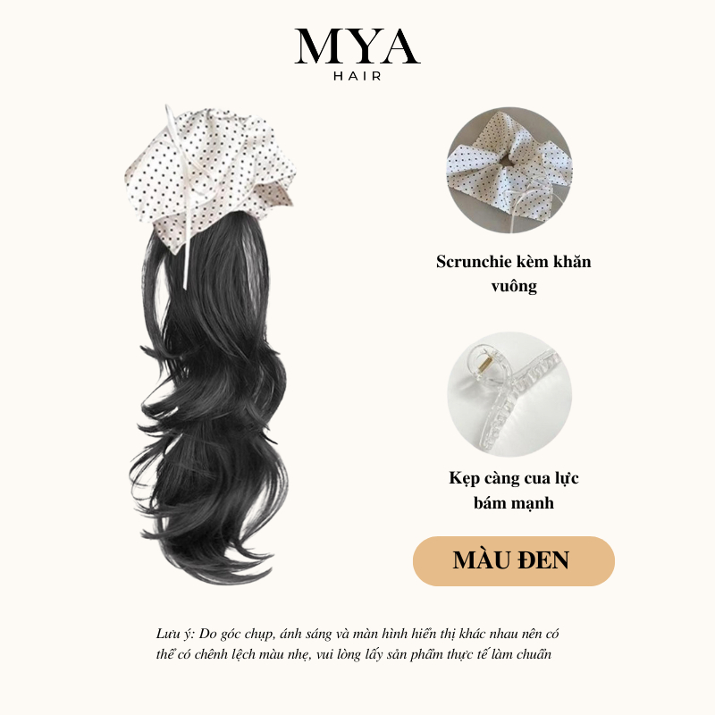 Tóc Giả Đuôi Ngựa Xoăn Nhẹ 45cm MYA Kẹp Cua Kèm Khăn Vuông, Uốn Xoăn Hàn Quốc