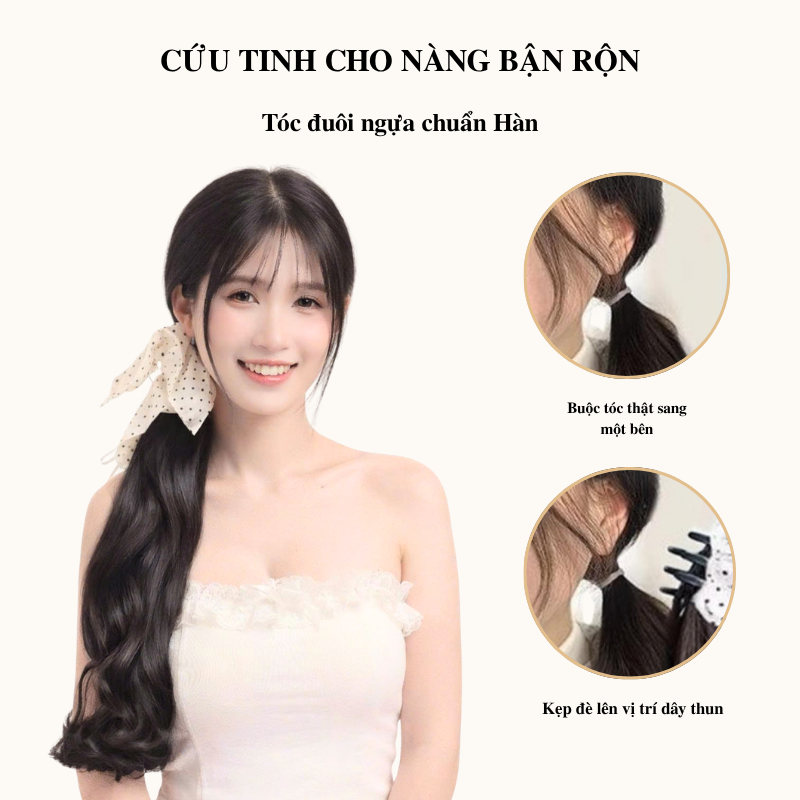 Tóc Giả Đuôi Ngựa Xoăn Nhẹ 45cm MYA Kẹp Cua Kèm Khăn Vuông, Uốn Xoăn Hàn Quốc
