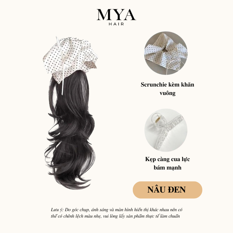 Tóc Giả Đuôi Ngựa Xoăn Nhẹ 45cm MYA Kẹp Cua Kèm Khăn Vuông, Uốn Xoăn Hàn Quốc
