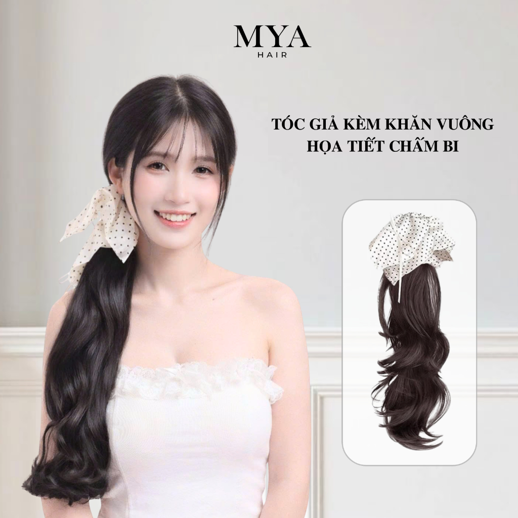 Tóc Giả Đuôi Ngựa Xoăn Nhẹ 45cm MYA Kẹp Cua Kèm Khăn Vuông, Uốn Xoăn Hàn Quốc