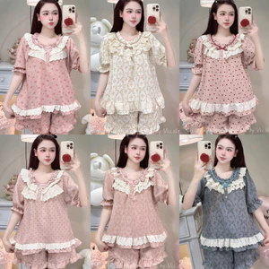 Bộ Đồ Ngủ Nữ JUSOKA Pijama Mặc Nhà Ngắn Tay Chất Liệu Đũi Vân Mây Viền Ren Siêu Mềm Mịn, Thoải Mái DU27