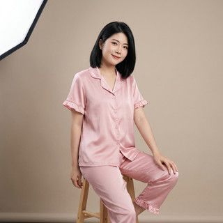 Đồ Bộ Nữ Lụa Cước Ánh Kim Dài Tay Ngắn Quần Dài Viền Bèo Mặc Nhà Cao Cấp Dịu Mát C07