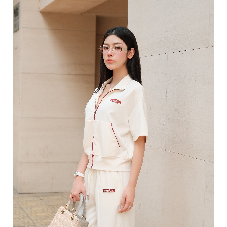 Set Bộ Ngắn Tay ECOCHIC Áo Crop Khoá Kéo Phối Line Quần Ống Suông Cao Cấp Mềm Mịn B230