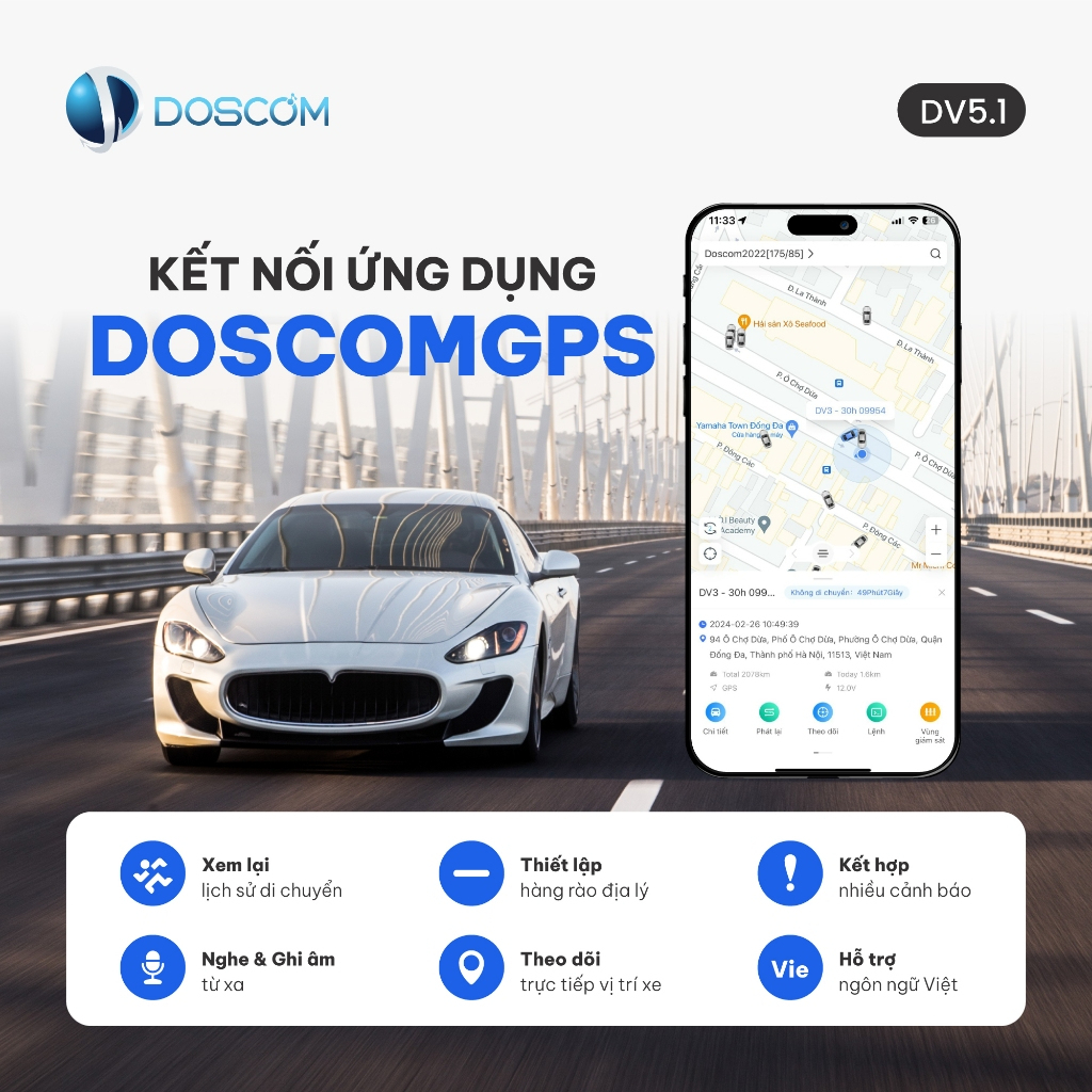 Camera Hành Trình 4G Tích Hợp Định Vị GPS DV5.1 Doscom - Định Vị Thời Gian Thực, Nghe Âm Thanh Xung Quanh