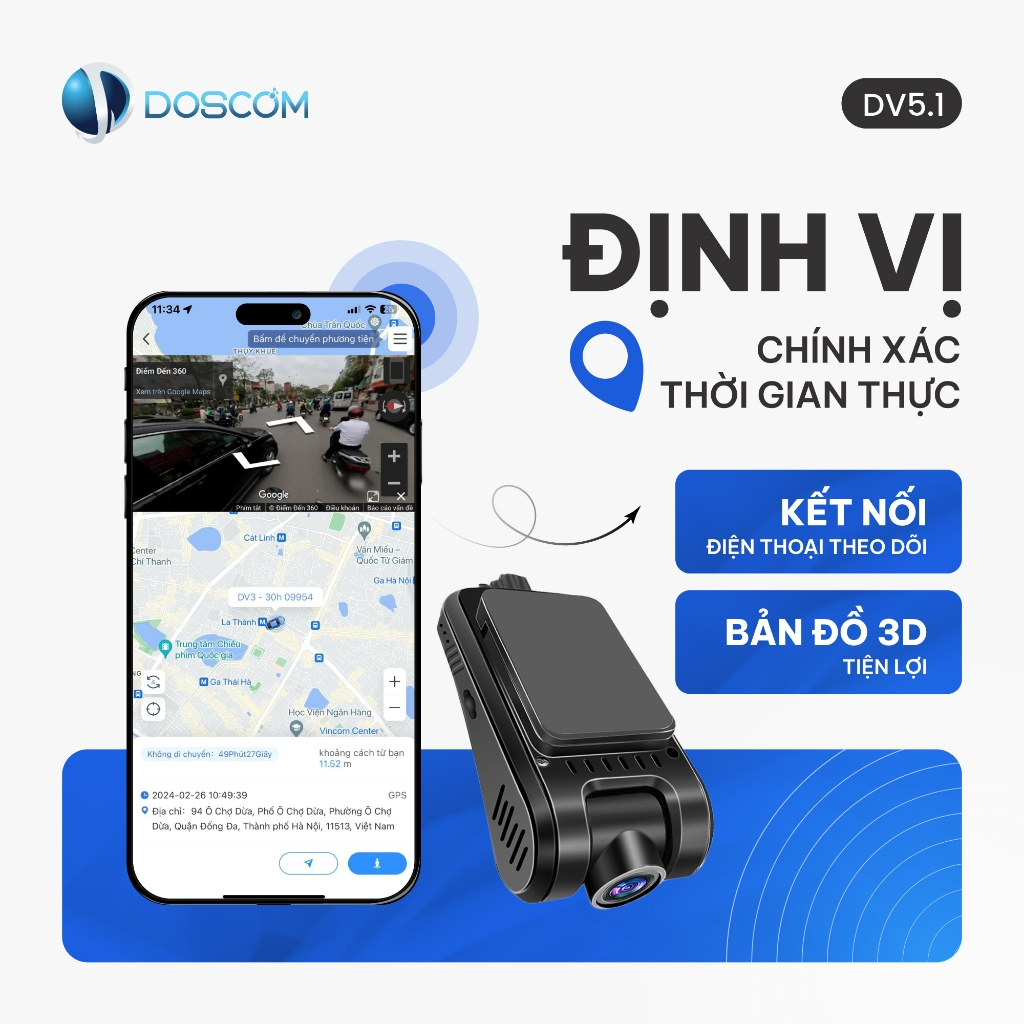 Camera Hành Trình 4G Tích Hợp Định Vị GPS DV5.1 Doscom - Định Vị Thời Gian Thực, Nghe Âm Thanh Xung Quanh