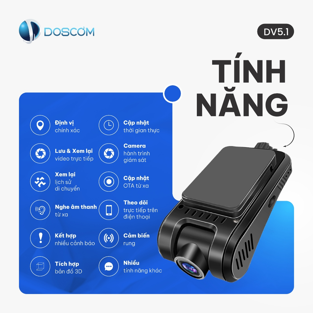 Camera Hành Trình 4G Tích Hợp Định Vị GPS DV5.1 Doscom - Định Vị Thời Gian Thực, Nghe Âm Thanh Xung Quanh