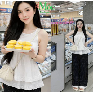 Set công sở, set nữ áo babydoll Thô viền Ren tầng phối quần Đũi Bi Suông Ren cao cấp đi chơi đi làm