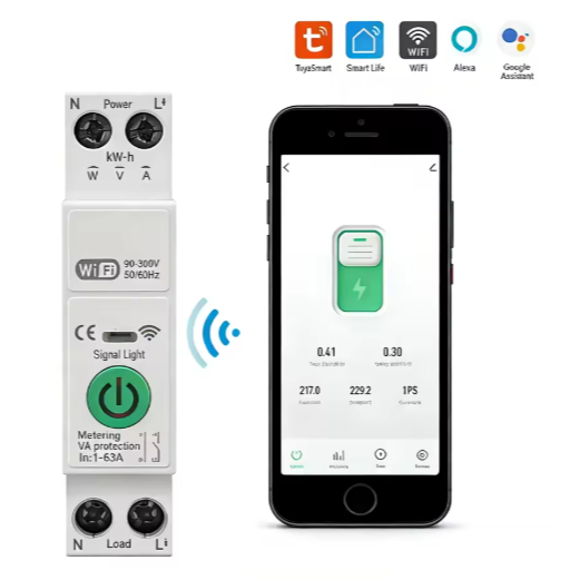 MCB Bộ ngắt mạch/ cầu dao tép thông minh WiFi TUYA 63A/ 1>63A (có thể thay đổi,đo điện) bảo vệ quá dòng, quá áp, thấp áp