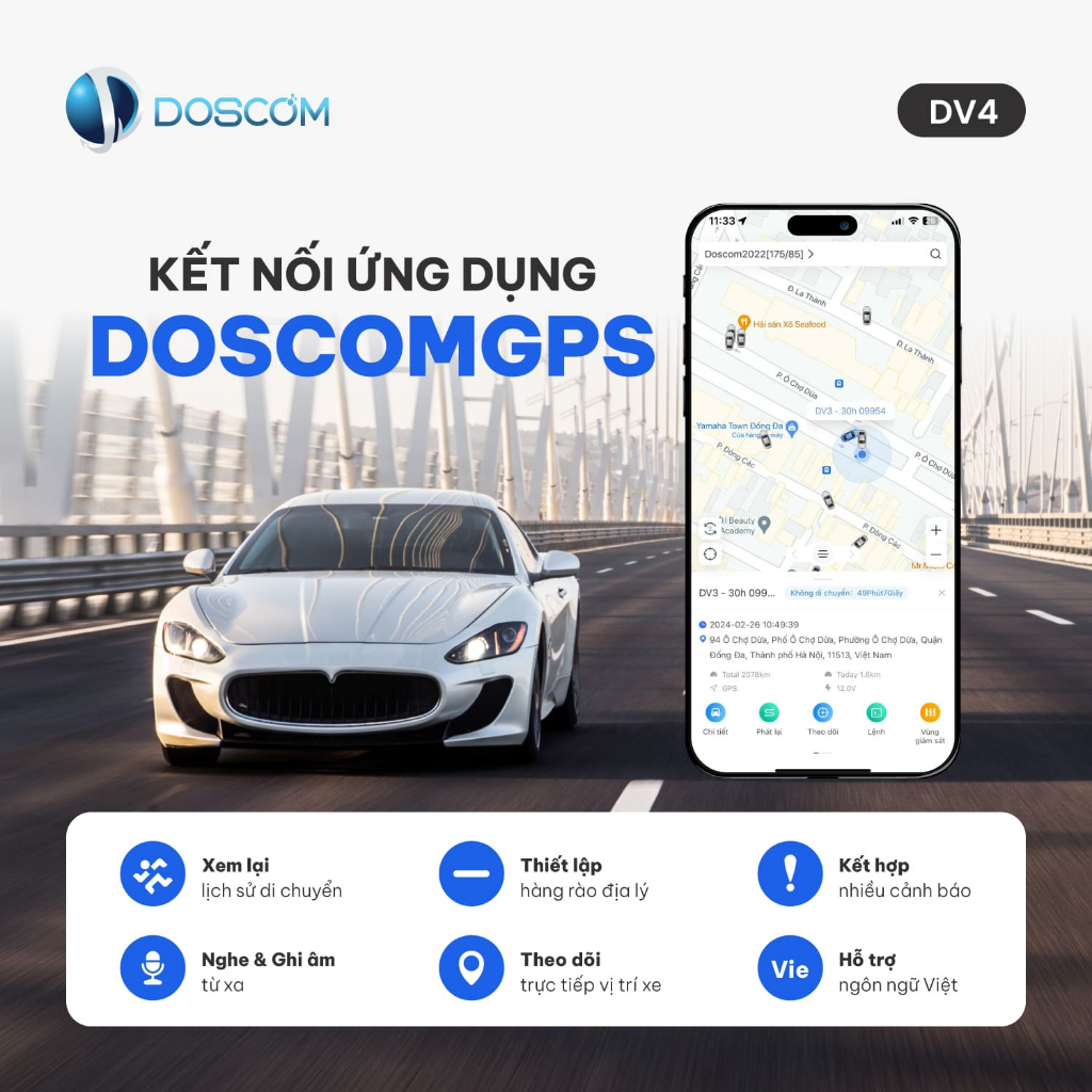 Thiết Bị Định Vị Cho Ô Tô Doscom DV4, Tích Hợp Định Vị GPS Toàn Cầu, Bảo Hành 12 Tháng