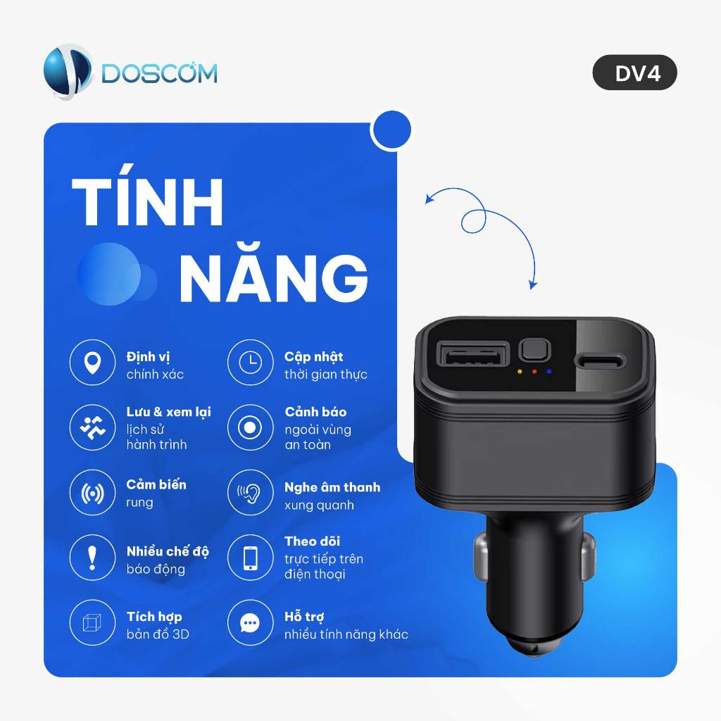 Thiết Bị Định Vị Cho Ô Tô Doscom DV4, Tích Hợp Định Vị GPS Toàn Cầu, Bảo Hành 12 Tháng
