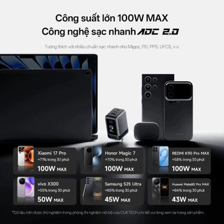 Củ sạc GaN Cuktech 6 Ultra 2C1A | Công suất 100W | Hỗ trợ sạc nhanh | Bảo hành 18 tháng AD653U