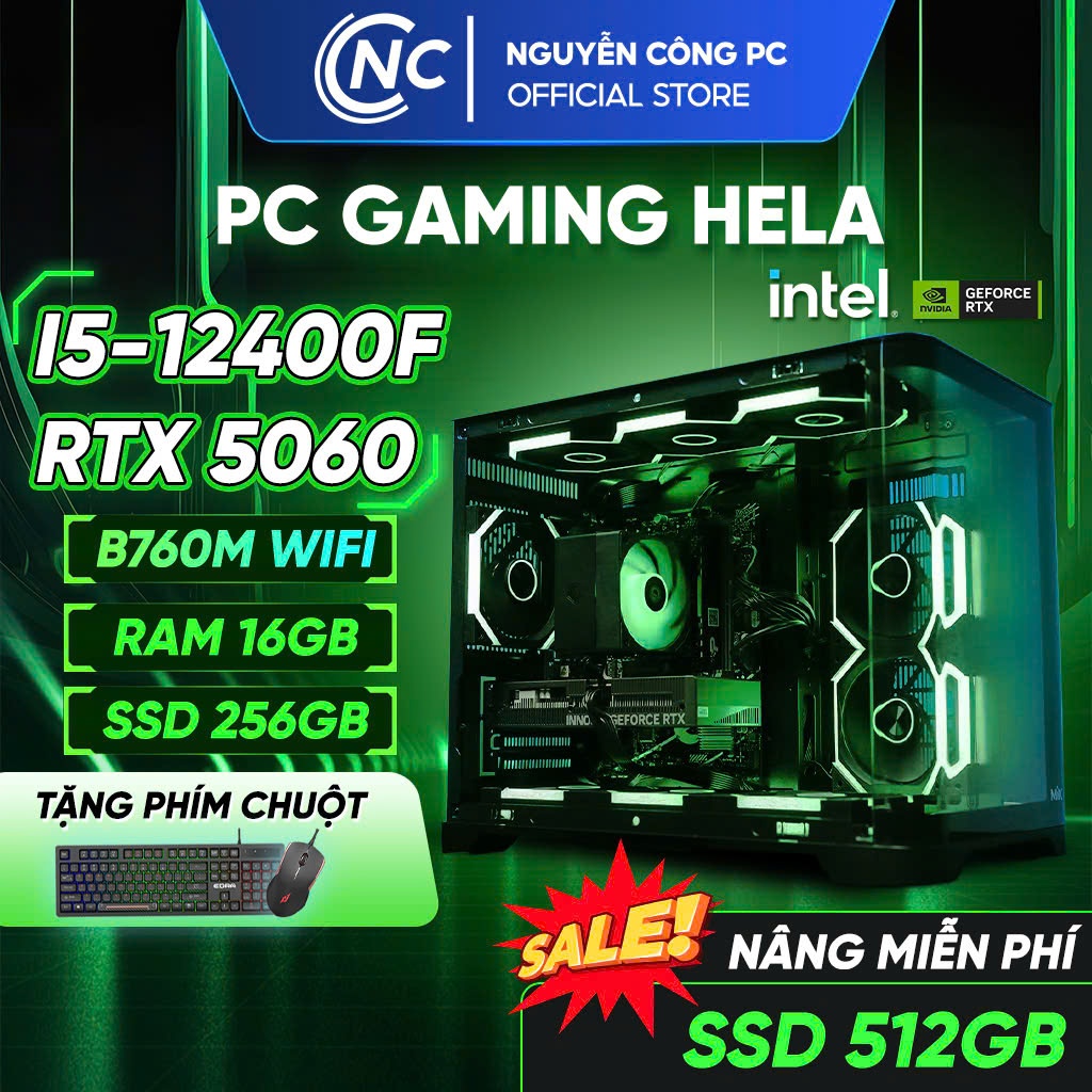 Bộ PC Gaming HELA Full LED (12400f | Ram 16Gb | SSD 256Gb | RTX 5060 8Gb) - Miễn phí nâng SSD 512Gb | BigBuy360 - bigbuy360.vn