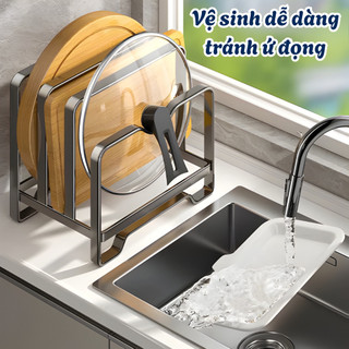 Giá Đỡ Nắp Vung Nồi Thép Carbon Chống Gỉ, Kệ Để Thớt Có Khay Thoát Nước Tiện Lợi