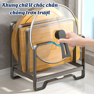 Giá Đỡ Nắp Vung Nồi Thép Carbon Chống Gỉ, Kệ Để Thớt Có Khay Thoát Nước Tiện Lợi