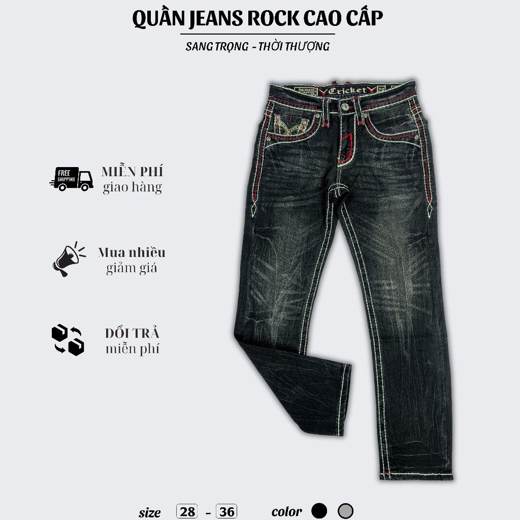 Quần Jeans Đen Rock Dài Nam Thêu Chỉ Trắng - Vải Jeans Denim Cao Cấp Co Giãn Nhẹ Form Slim Suông D01