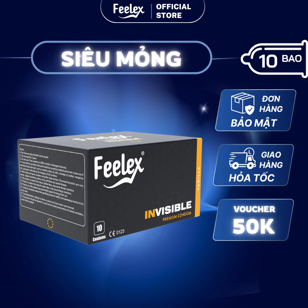 Bao cao su siêu mỏng nhiều gel đặc biệt Feelex Invisible ôm sát đem lại cảm giác chân thật giảm ma sát hộp 10 chiếc