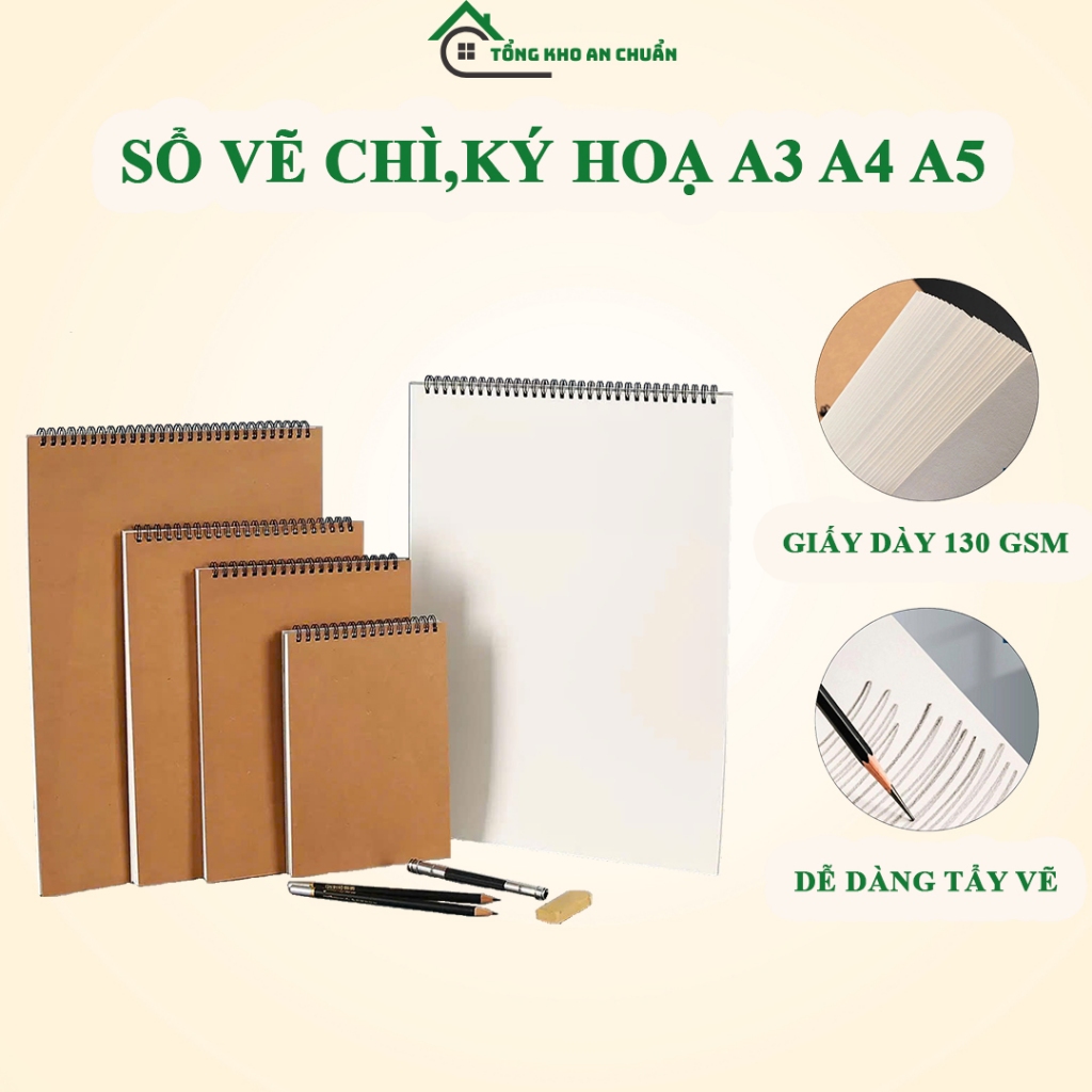 Sổ vẽ ký hoạ A3 A4 A5 50 tờ,100 trang dày 130 gsm,giấy kem mịn, độ nhám nhẹ giúp bám chì tốt