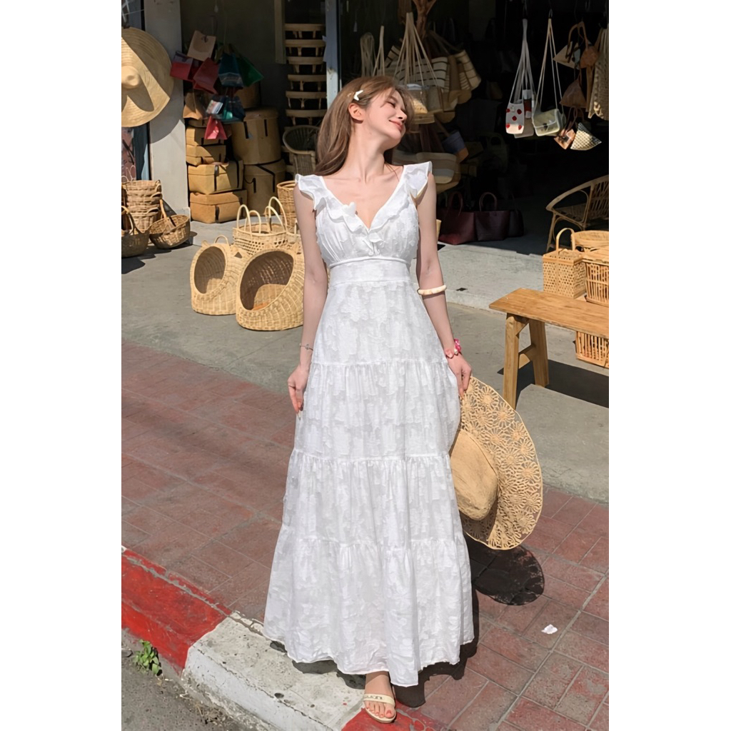 Lulus | Đầm maxi hoa nổi cao cấp hai lớp khoe lưng gợi cảm tôn dáng đi biển đi tiệc đều xinh