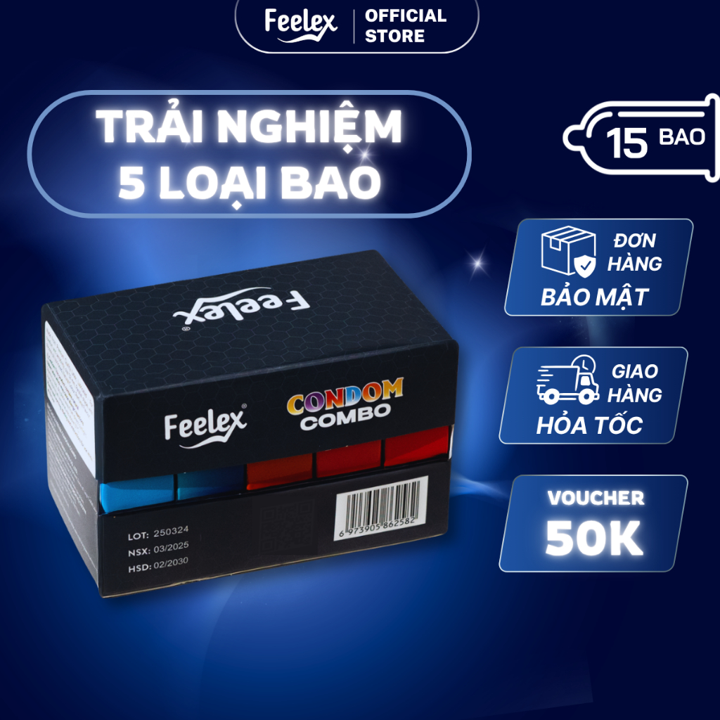 Combo Bao cao su 5 in 1 Feelex siêu mỏng, nhiều gel, gân gai đem lại nhiều cung bậc cảm xúc cùng một hộp 15 chiếc - 1