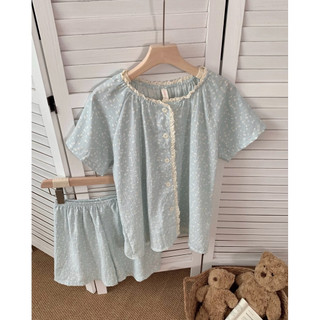 Set bộ mặc nhà nữ mùa hè JOIE TRENDY họa tiết hoa nhí, Bộ ngủ cộc tay quần đùi viền ren cài cúc form giấu bụng