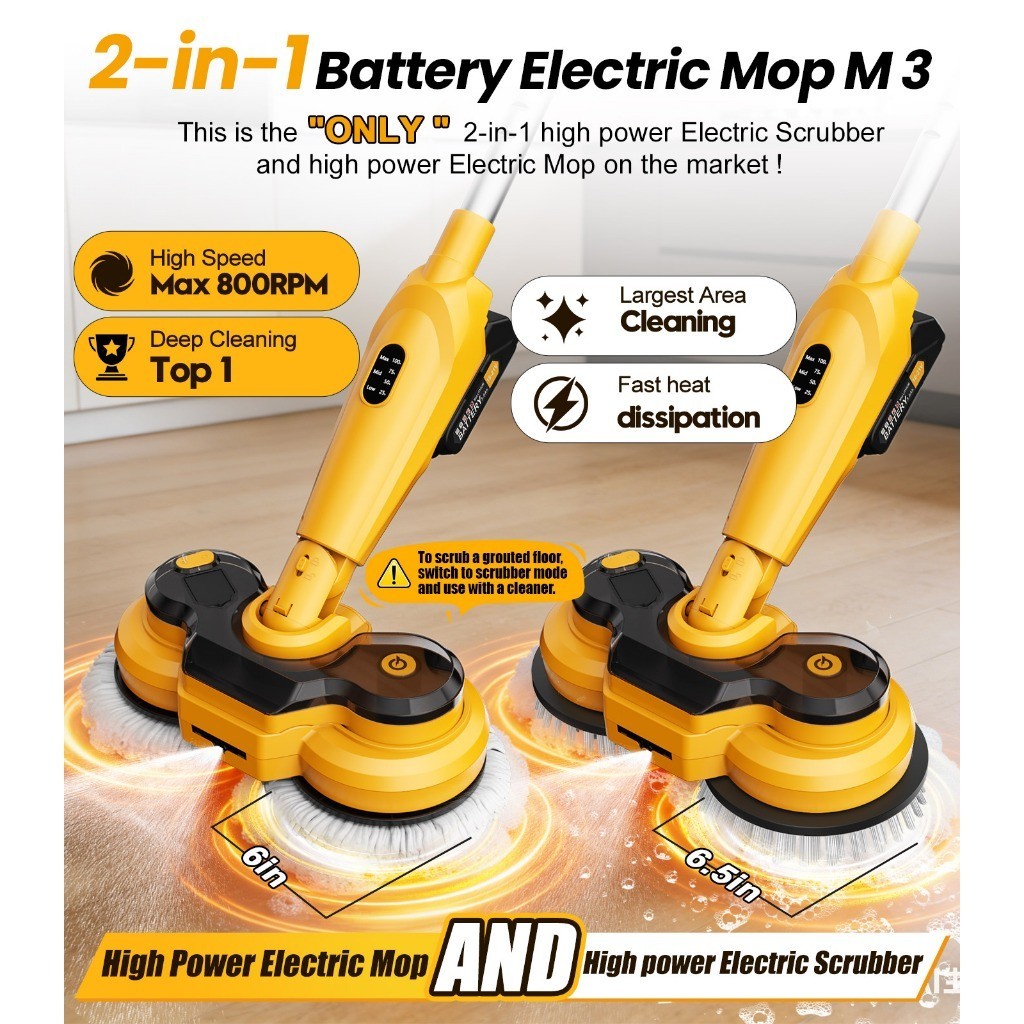 Qimedo Cây lau nhà điện tử 800 vòng/phút | Pin 6000mAh 60 phút | Đèn LED & Bình nước 300ml Phun nước | Giảm 50% sức lao
