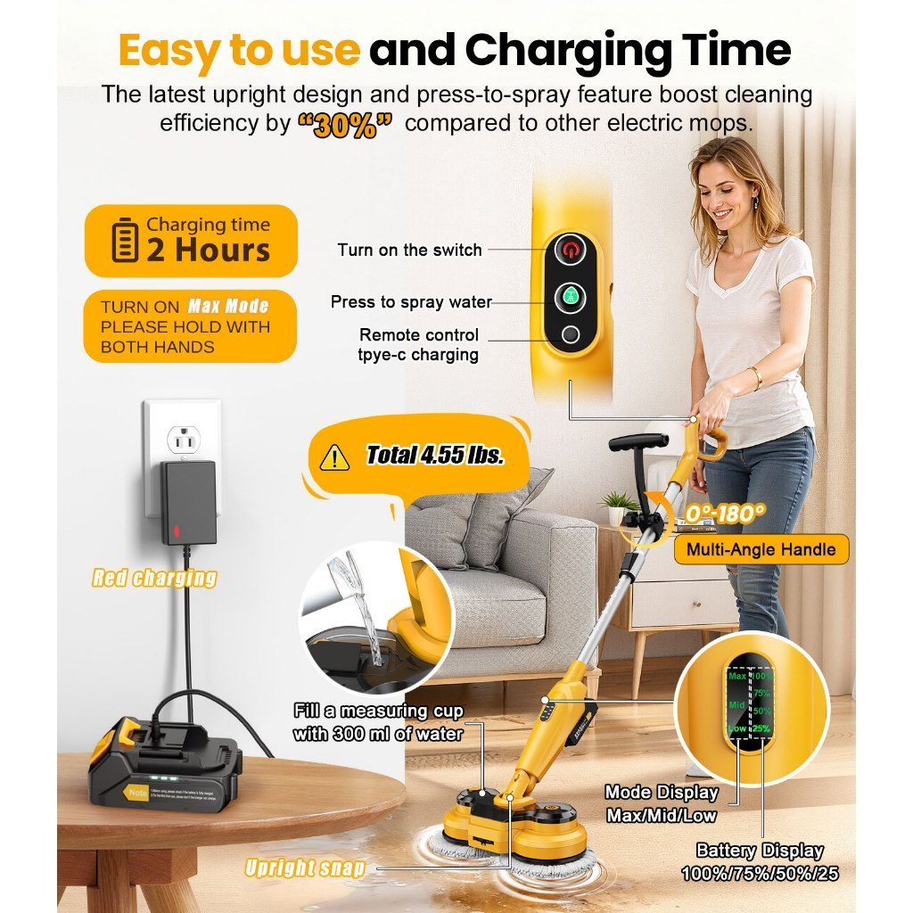 Qimedo Cây lau nhà điện tử 800 vòng/phút | Pin 6000mAh 60 phút | Đèn LED & Bình nước 300ml Phun nước | Giảm 50% sức lao