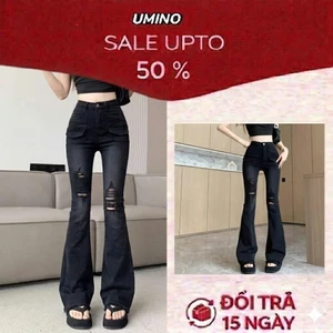 Quần Jeans ống loe Rách 2 Gối trước, quần bò ống loe tua rua gấu siêu xinh LN
