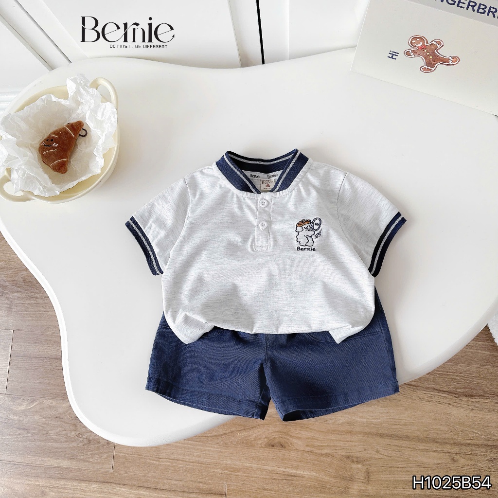 Bộ cộc cổ tàu in gấu bóng chày bé trai, bộ thun cotton quần kaki phong cách thể thao dáng đẹp