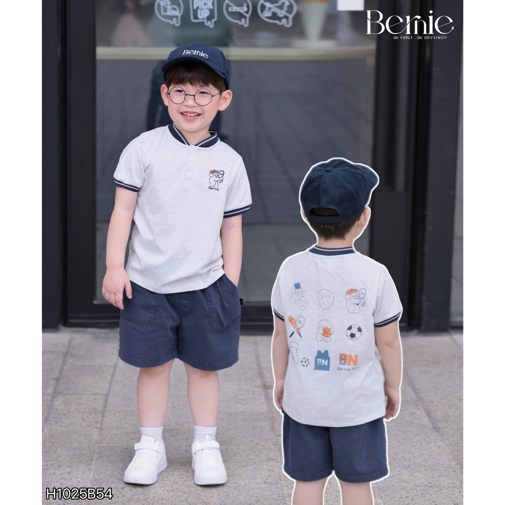 Bộ cộc cổ tàu in gấu bóng chày bé trai, bộ thun cotton quần kaki phong cách thể thao dáng đẹp