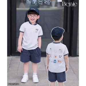 Bộ cộc cổ tàu in gấu bóng chày bé trai, bộ thun cotton quần kaki phong cách thể thao dáng đẹp