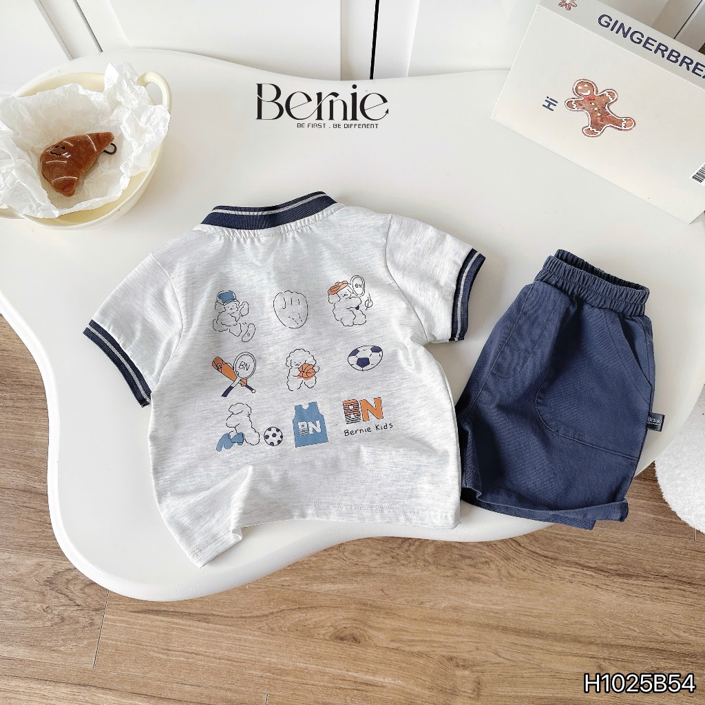 Bộ cộc cổ tàu in gấu bóng chày bé trai, bộ thun cotton quần kaki phong cách thể thao dáng đẹp