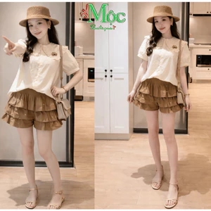 Set bộ đùi, bộ mặc hè babydoll cổ bèo Ren đính charm form rộng + quần Đũi suông tầng bèo thanh lịch