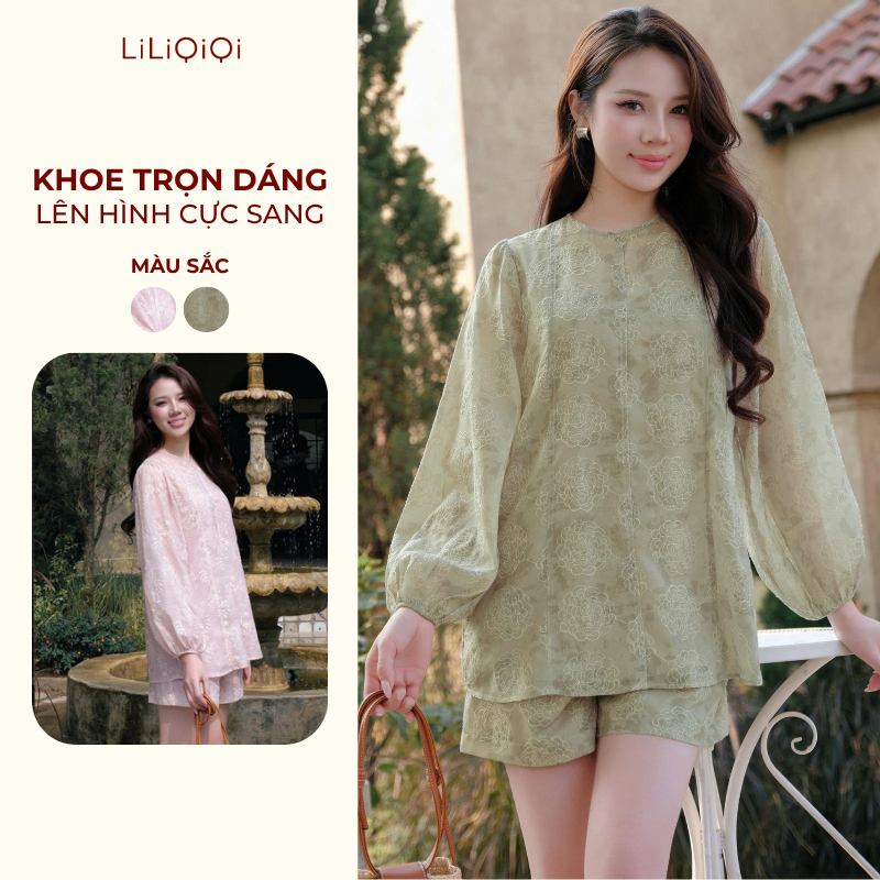 Set Đồ Nữ Sang Chảnh Quần Ngắn Áo Ren Hoa Tay Bồng 2 Lớp Form Rộng LiLiQiQi By CayLeo - AQ754