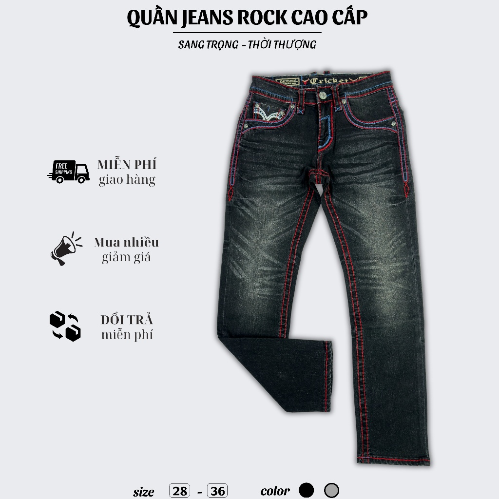 Quần Jeans Đen Rock Dài Nam Thêu Chỉ Đỏ - Vải Jeans Denim Cao Cấp Co Giãn Nhẹ Form Slim Suông D02