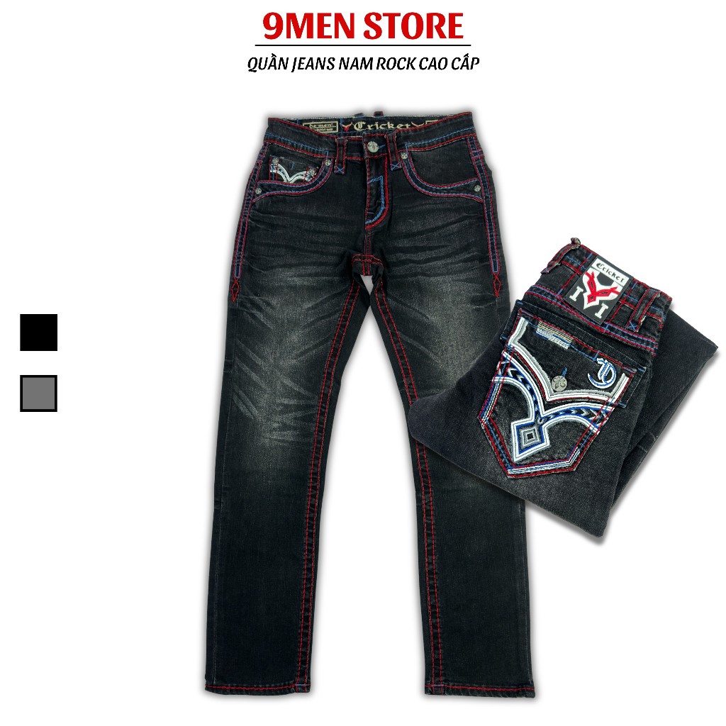 Quần Jeans Đen Rock Dài Nam Thêu Chỉ Đỏ - Vải Jeans Denim Cao Cấp Co Giãn Nhẹ Form Slim Suông D02