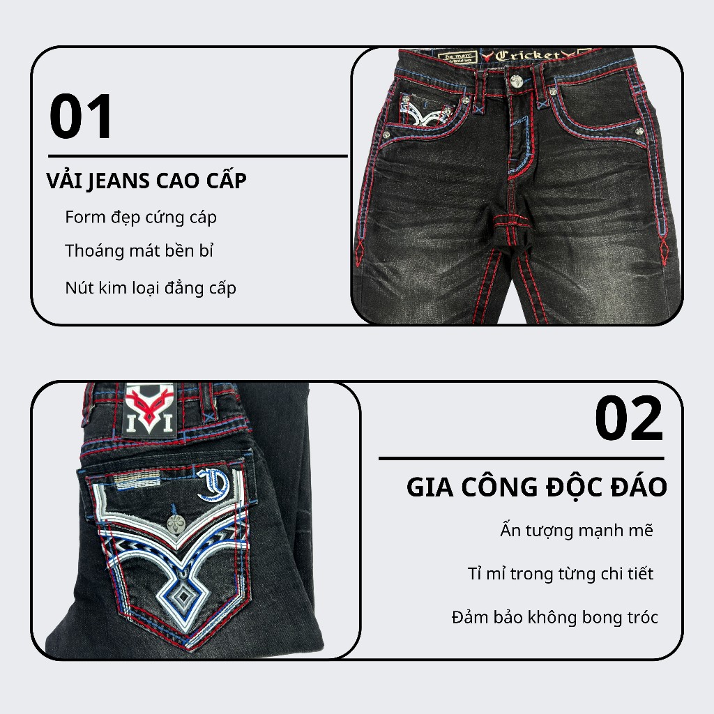 Quần Jeans Đen Rock Dài Nam Thêu Chỉ Đỏ - Vải Jeans Denim Cao Cấp Co Giãn Nhẹ Form Slim Suông D02